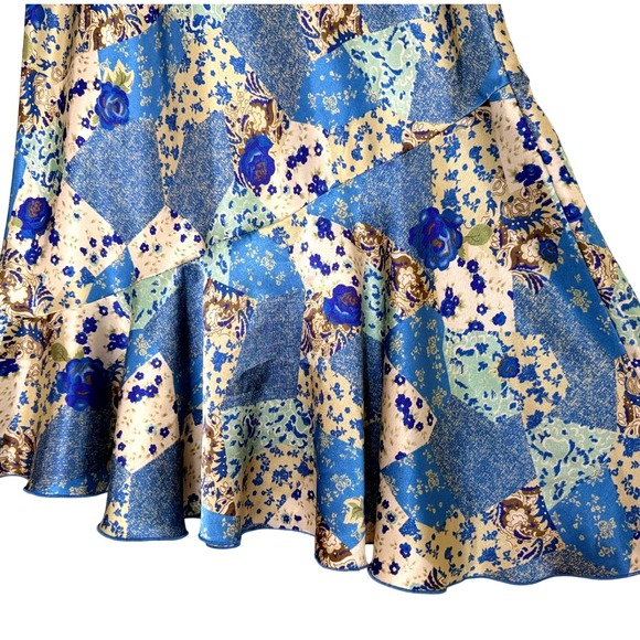 Floral Patchwork Satin Midi Skirt Size Large Flowy Boho Cottage Whimsical Fairy - Picture 3 of 8